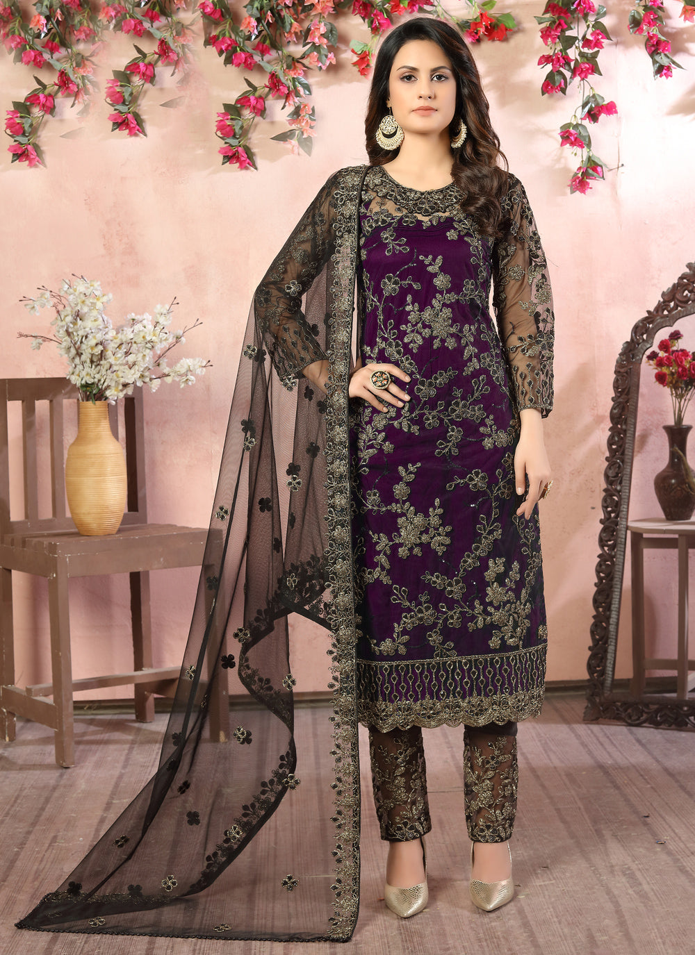 Embroidered Net Festival Pant Style Suit