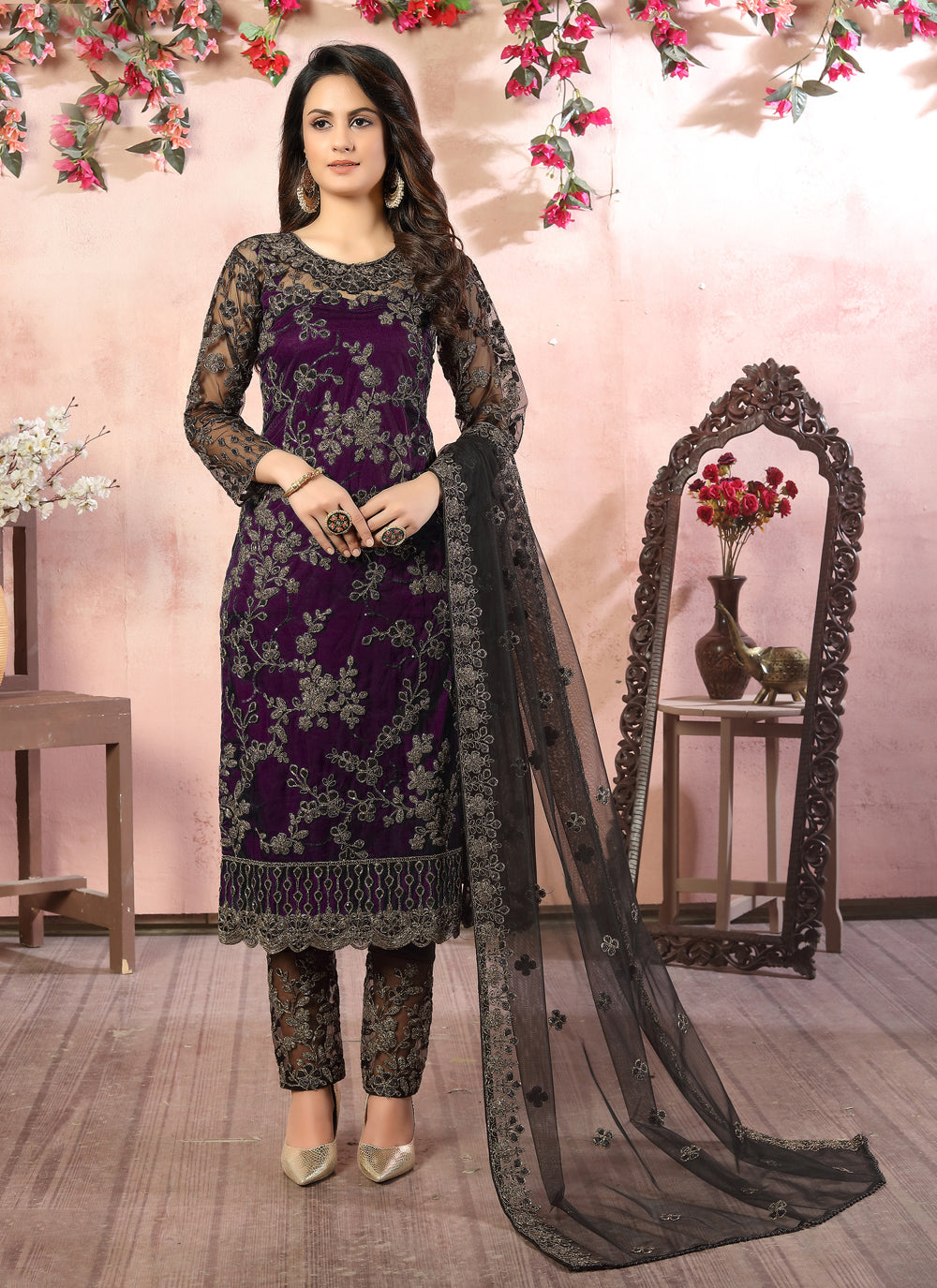 Embroidered Net Festival Pant Style Suit