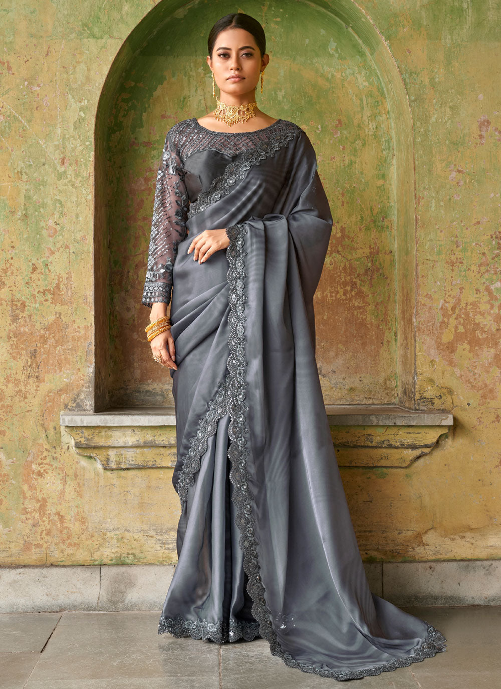 Embroidered Satin Party Wear Saree In Grey Color