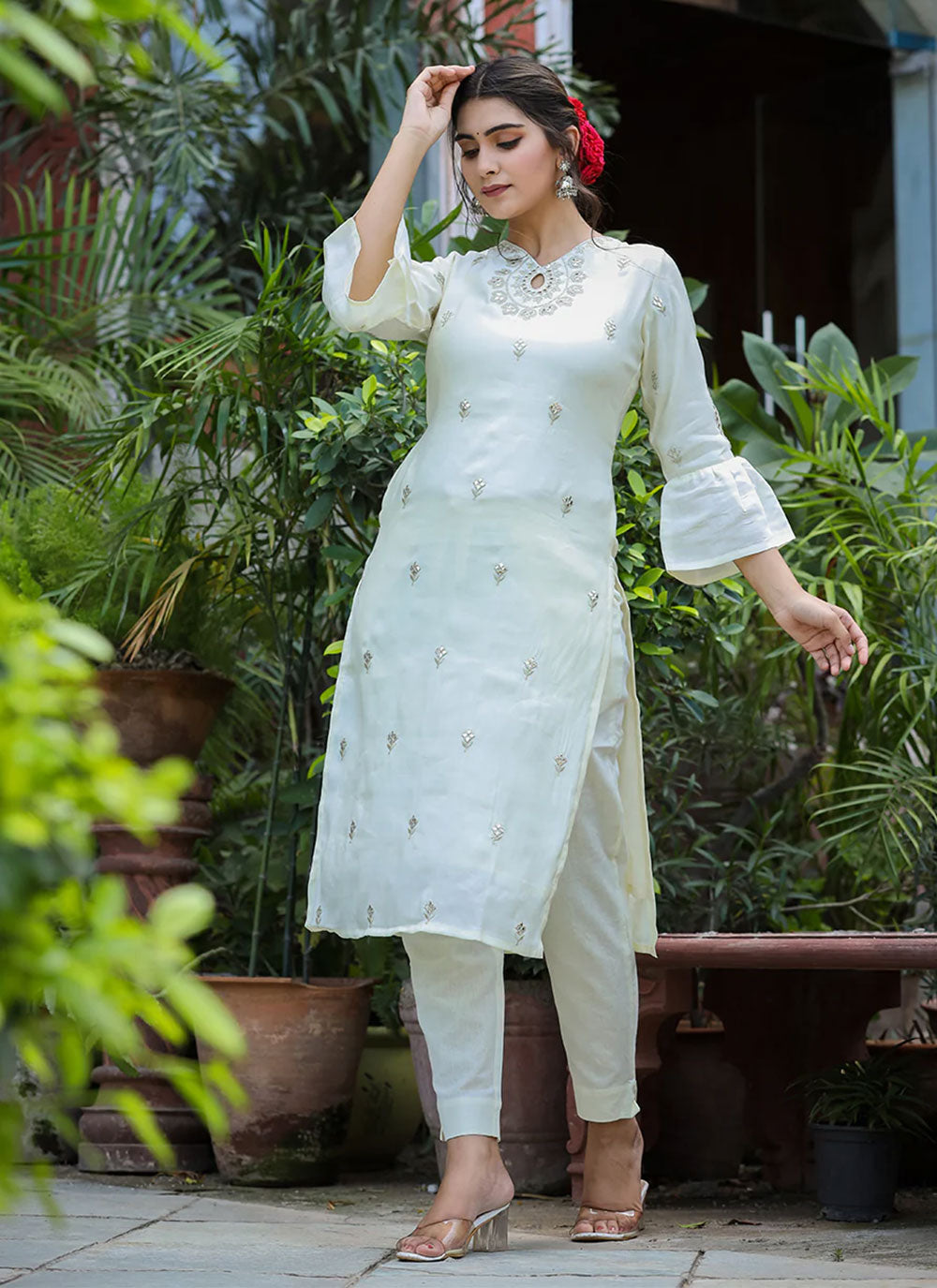 Embroidered Pant Style Suit in White