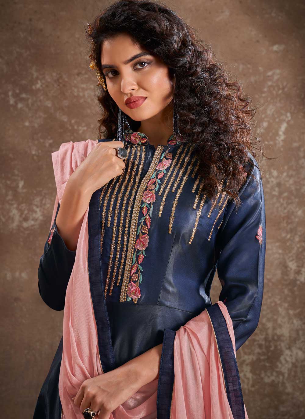 Readymade Silk Embroidered Navy Blue Anarkali Suit