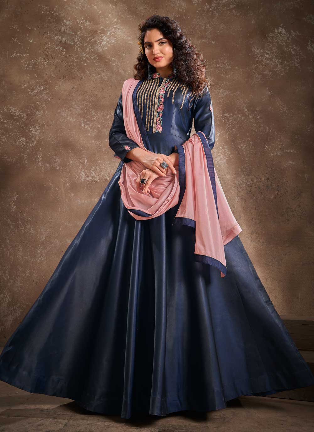 Readymade Silk Embroidered Navy Blue Anarkali Suit