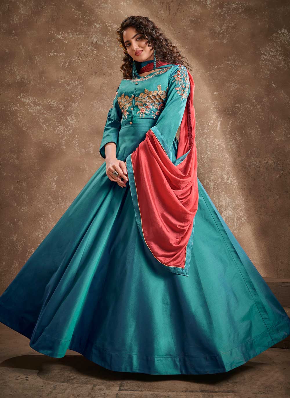 Blue Silk Embroidered Readymade Anarkali Suit