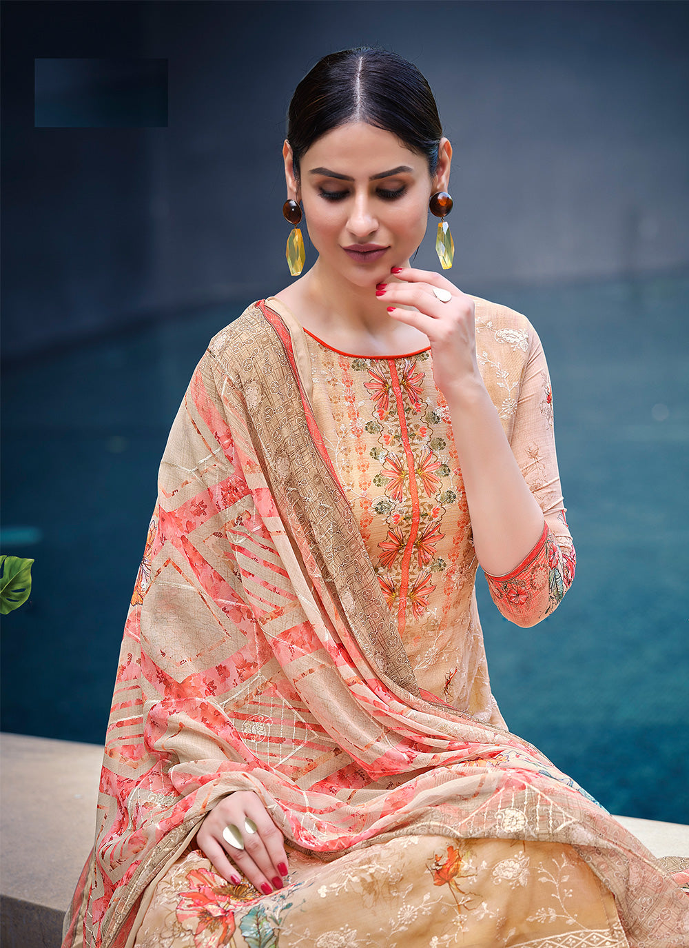 Cream Digital Print Mehndi Salwar Suit