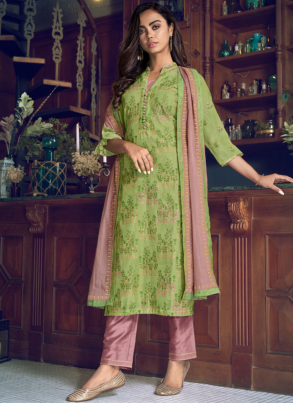 Chanderi Silk Green Pant Style Suit