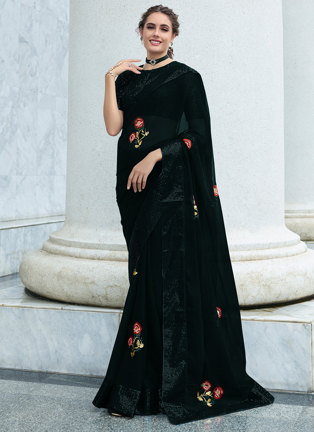 Georgette Embroidered Saree In Black Color