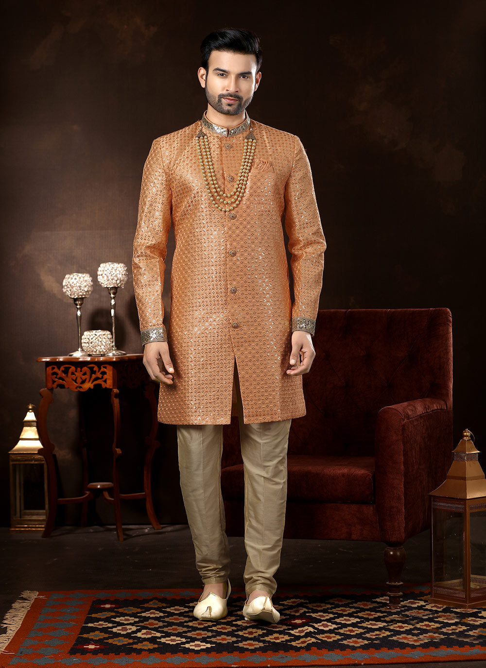 Peach Embroidered Sherwani For Ceremony