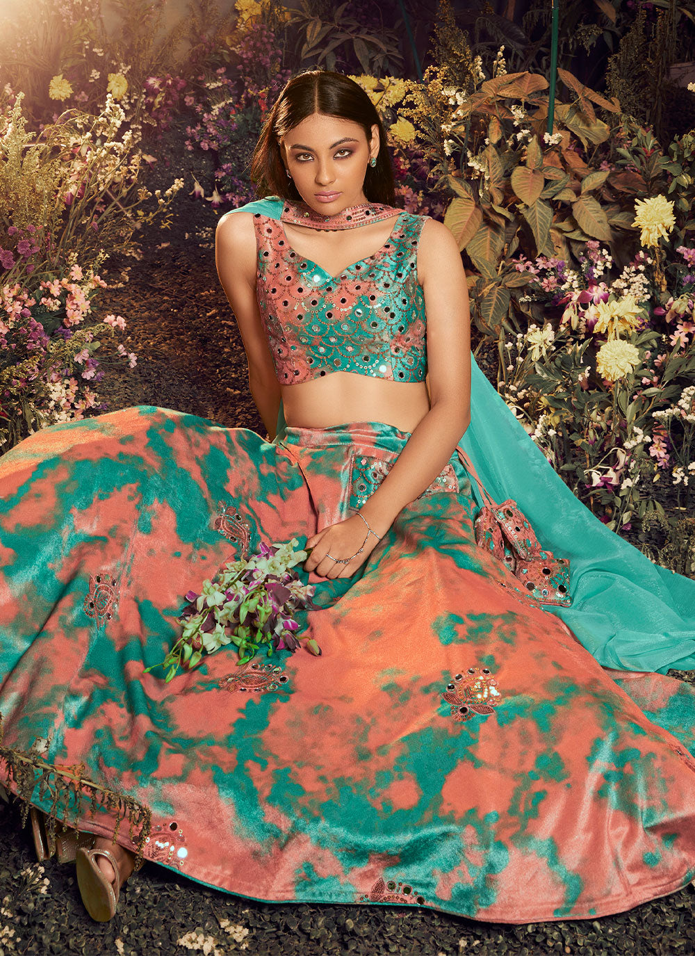 Sequins Turquoise Velvet Designer Lehenga Choli