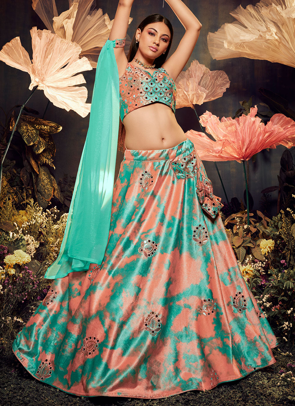 Sequins Turquoise Velvet Designer Lehenga Choli