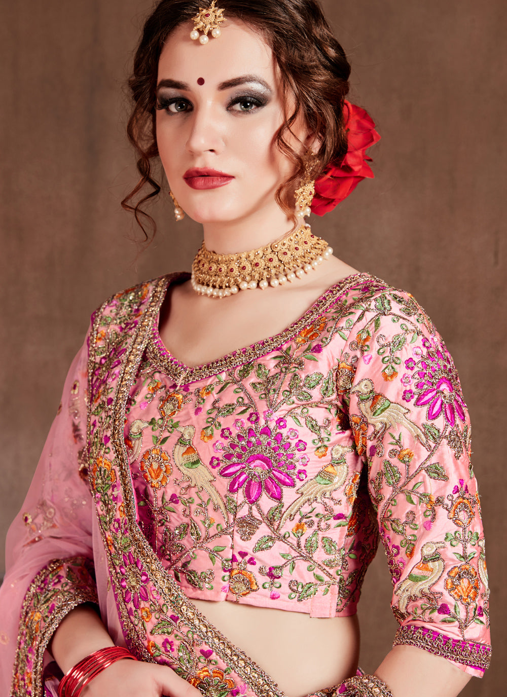 Embroidered Silk Zari Pink A Line Lehenga Choli