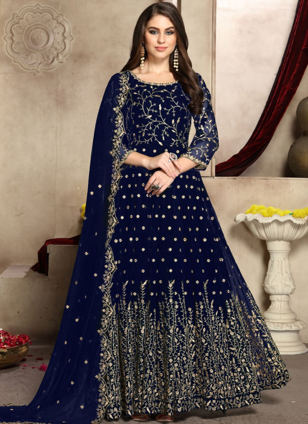 Faux Georgette Blue Embroidered Anarkali Salwar Suit