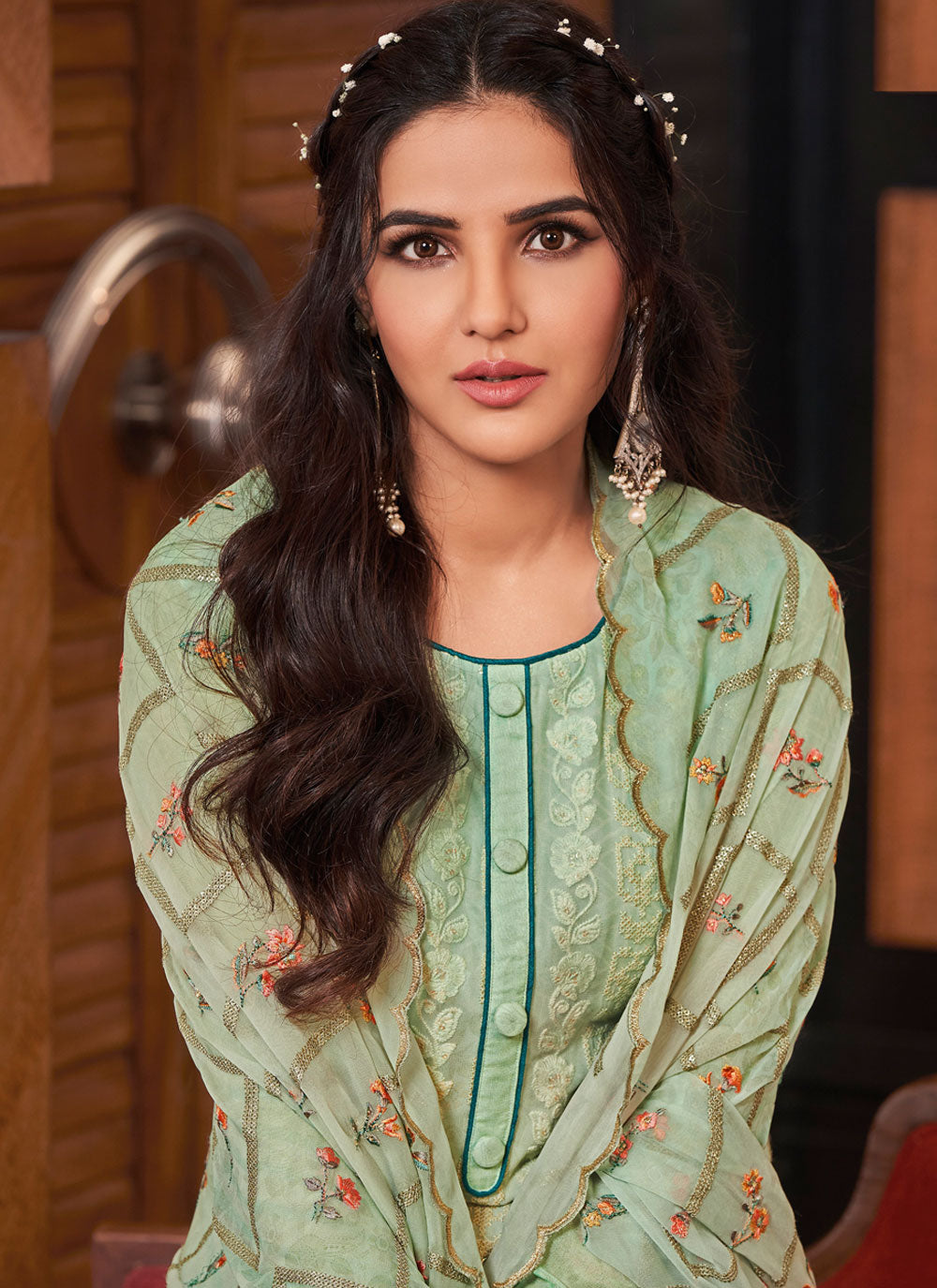 Embroidered Sea Green Faux Georgette Designer Pakistani Suit