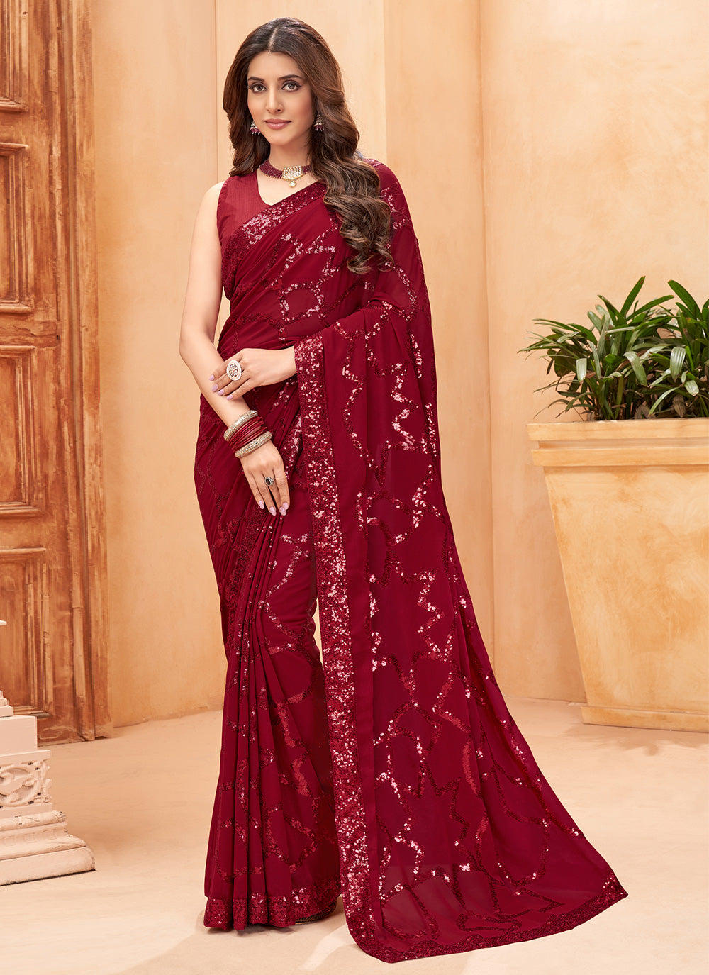 Faux Georgette Saree in Maroon