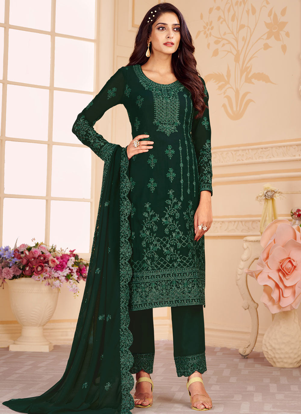 Faux Georgette Trendy Salwar Kameez In Green Color