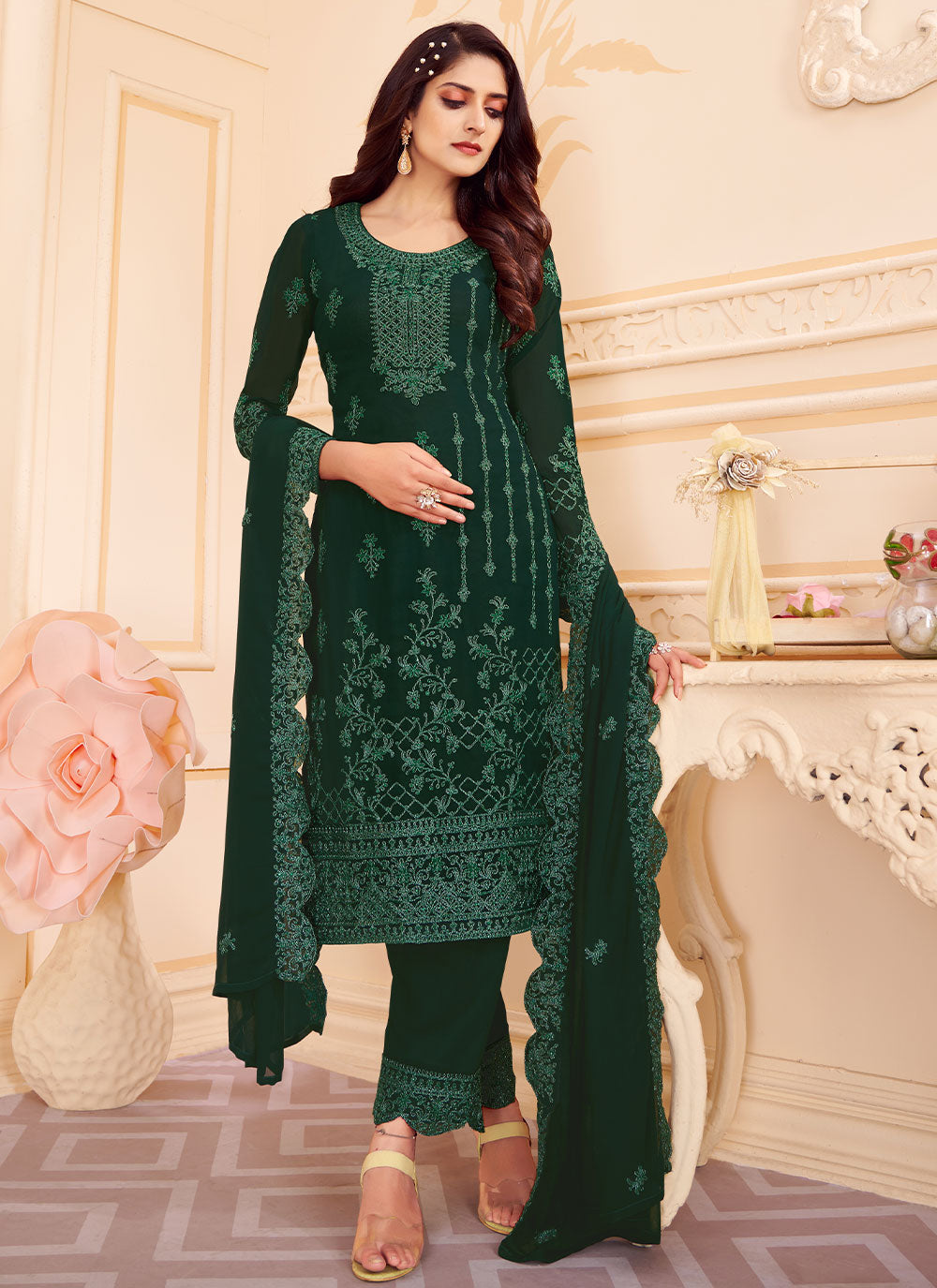 Faux Georgette Trendy Salwar Kameez In Green Color