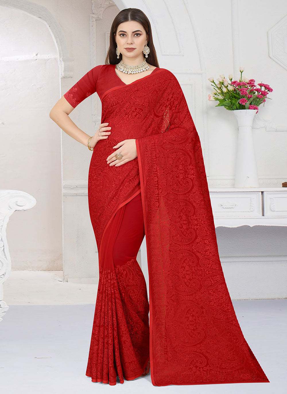 Red Resham Party Wear Georgette Classic Saree