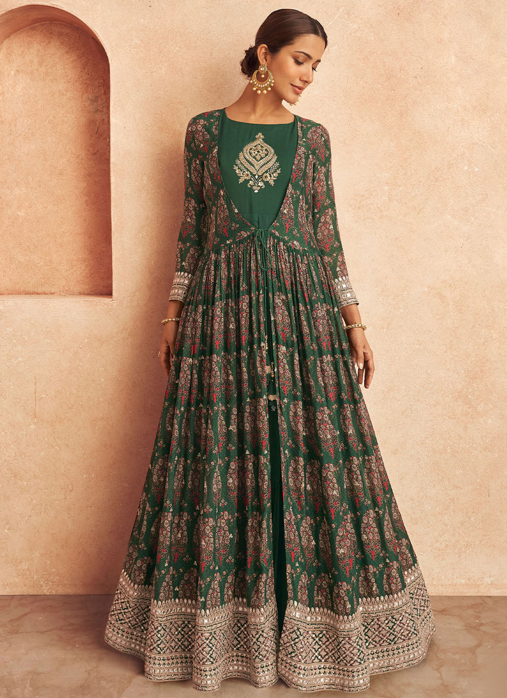 Green Chinon Readymade Gown For Sangeet