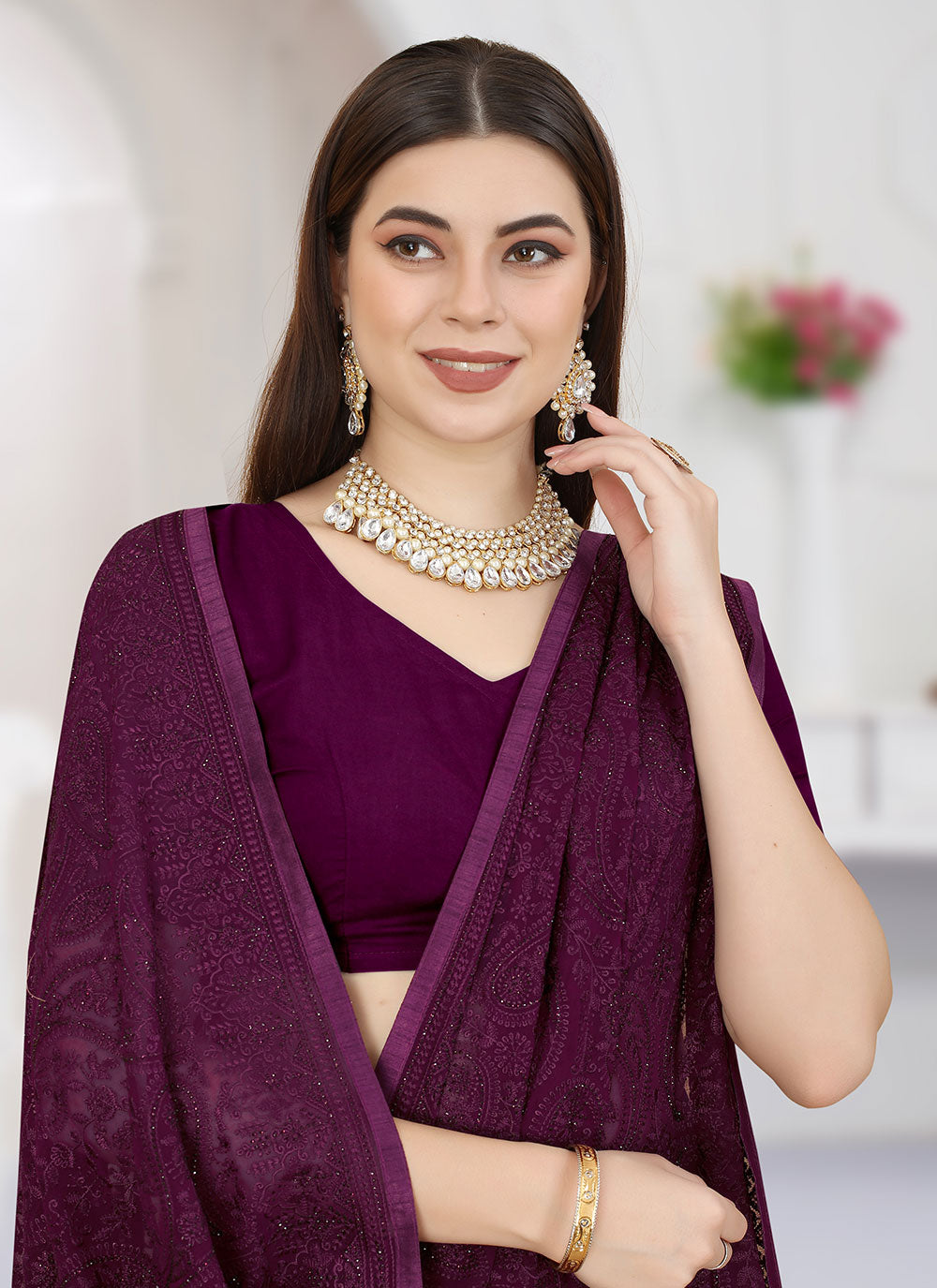 Wine Embroidered Classic Saree For Wedding
