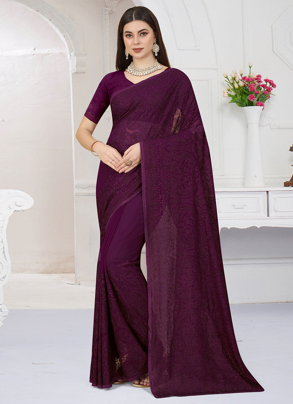 Wine Embroidered Classic Saree For Wedding