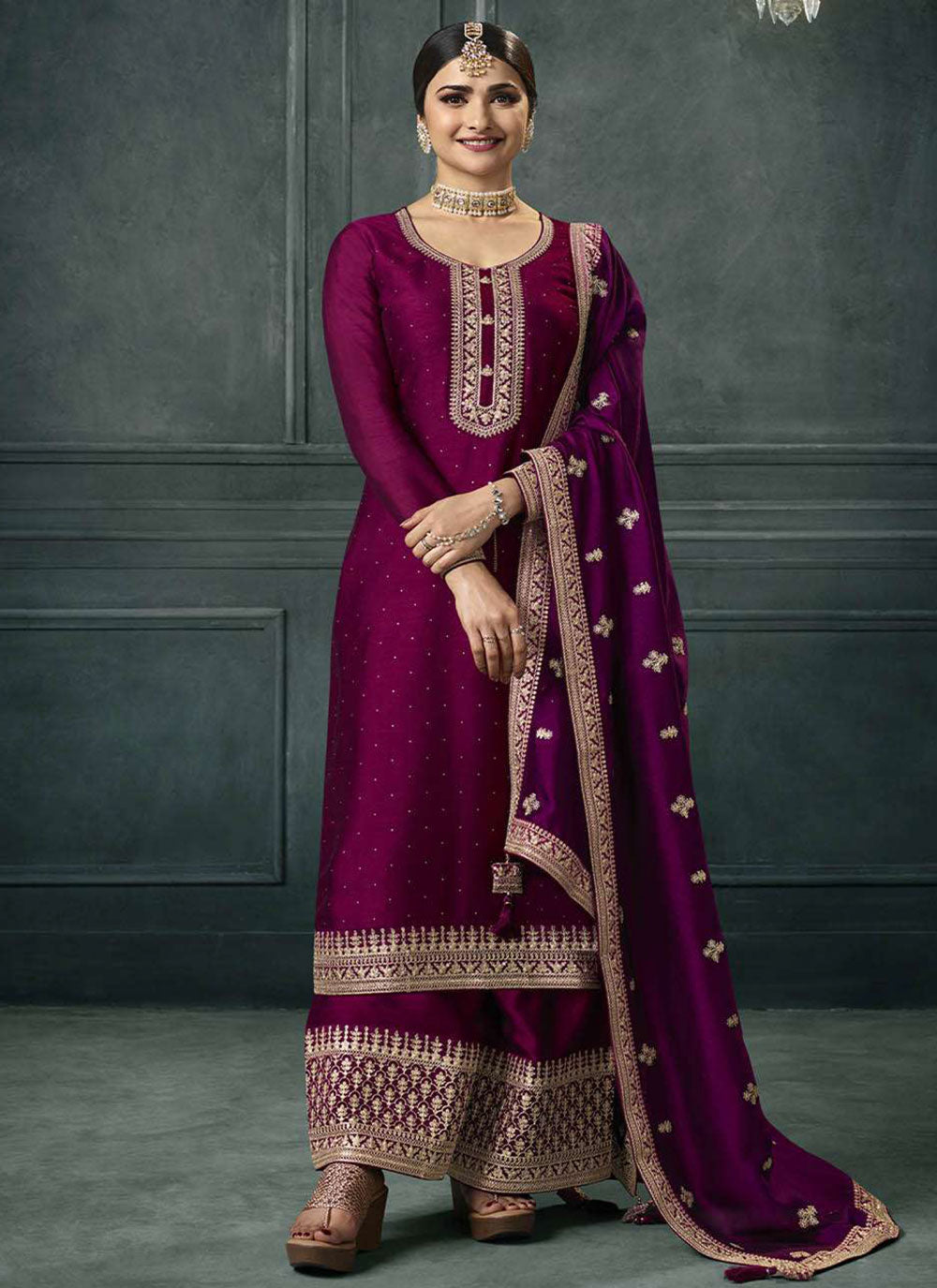 Magenta Silk Pakistani Salwar Suit For Wedding