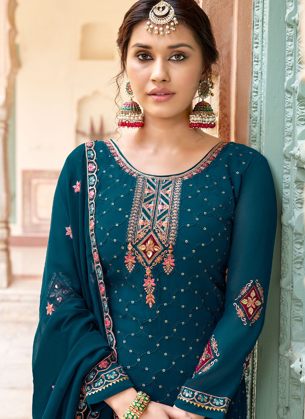 Embroidered Straight Salwar Suit In Morpeach