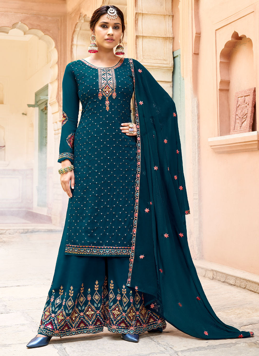 Embroidered Straight Salwar Suit In Morpeach