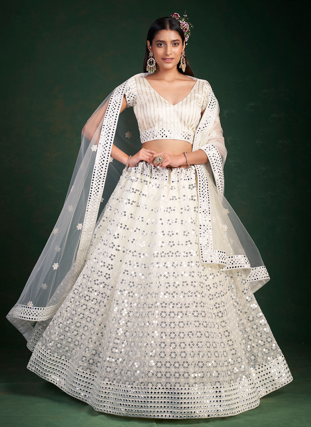 Sequins Georgette A Line Lehenga Choli In White Color