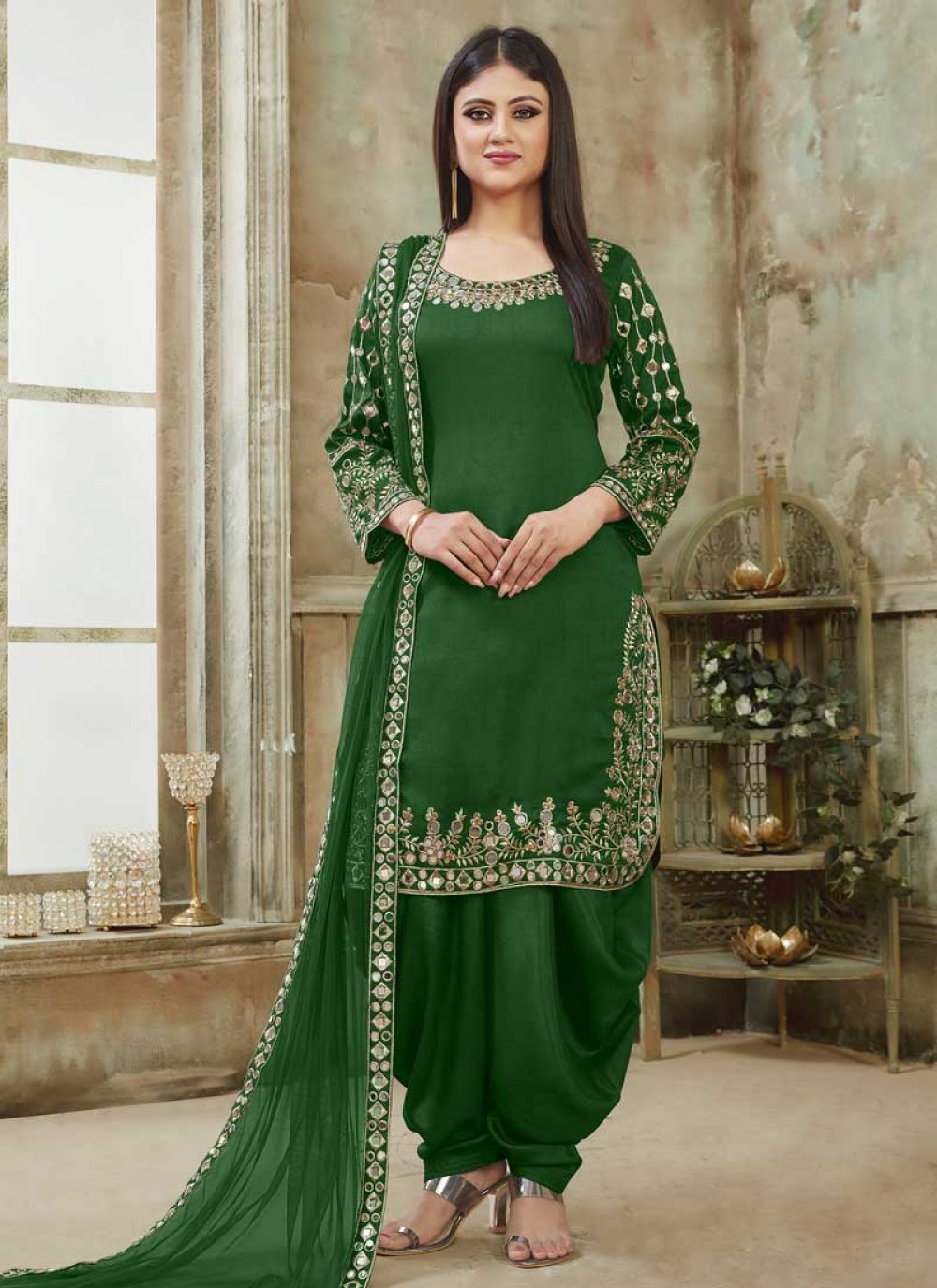 Green Embroidered Designer Patiala Suit