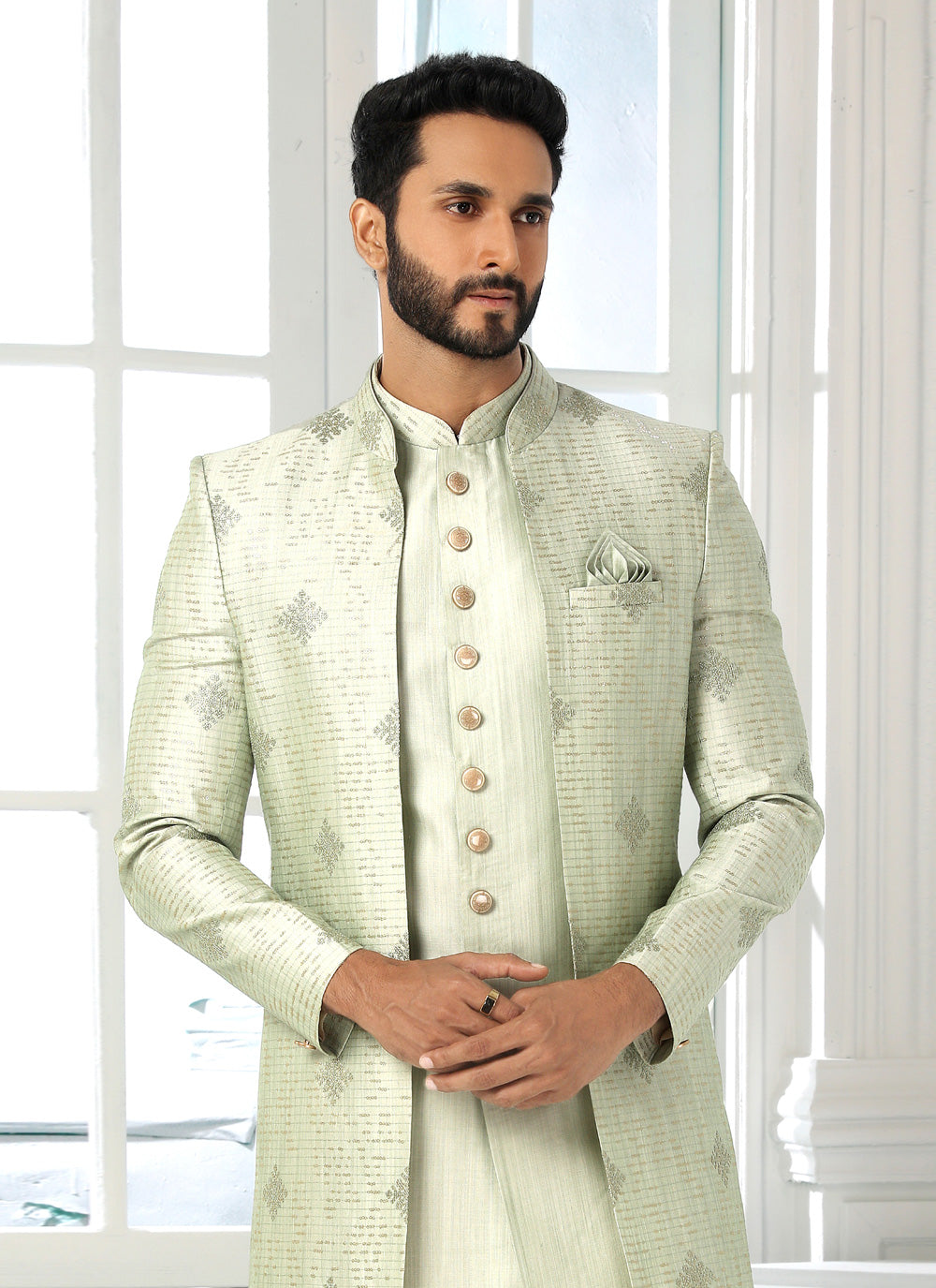 Embroidered Indo Western In Green Color