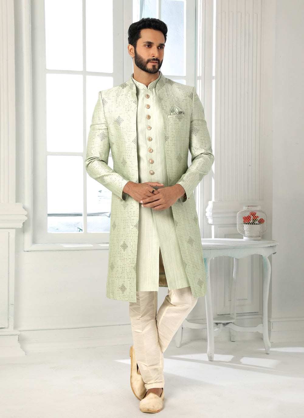 Embroidered Indo Western In Green Color
