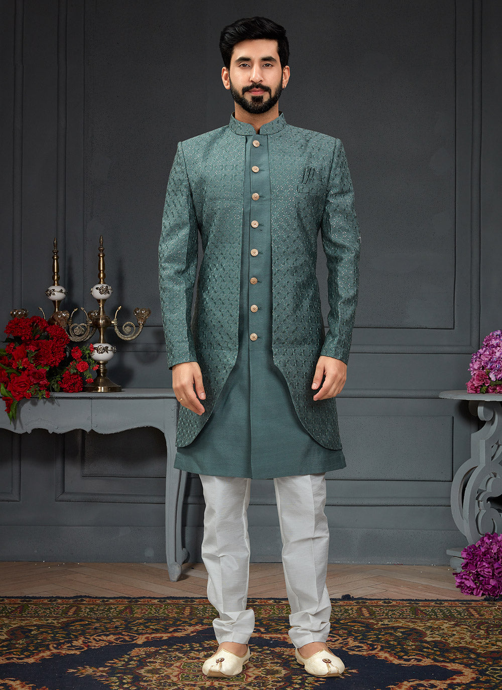 Embroidered Silk Indo Western In Green