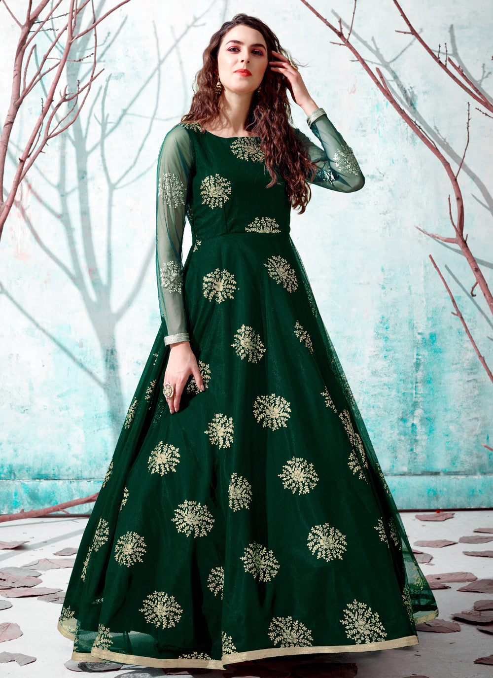 Dark Green Net Designer Gown