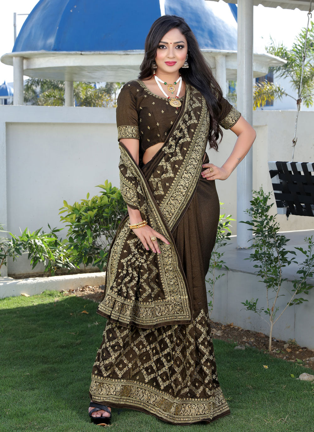 Dark Green Embroidered Traditional Saree For Festival