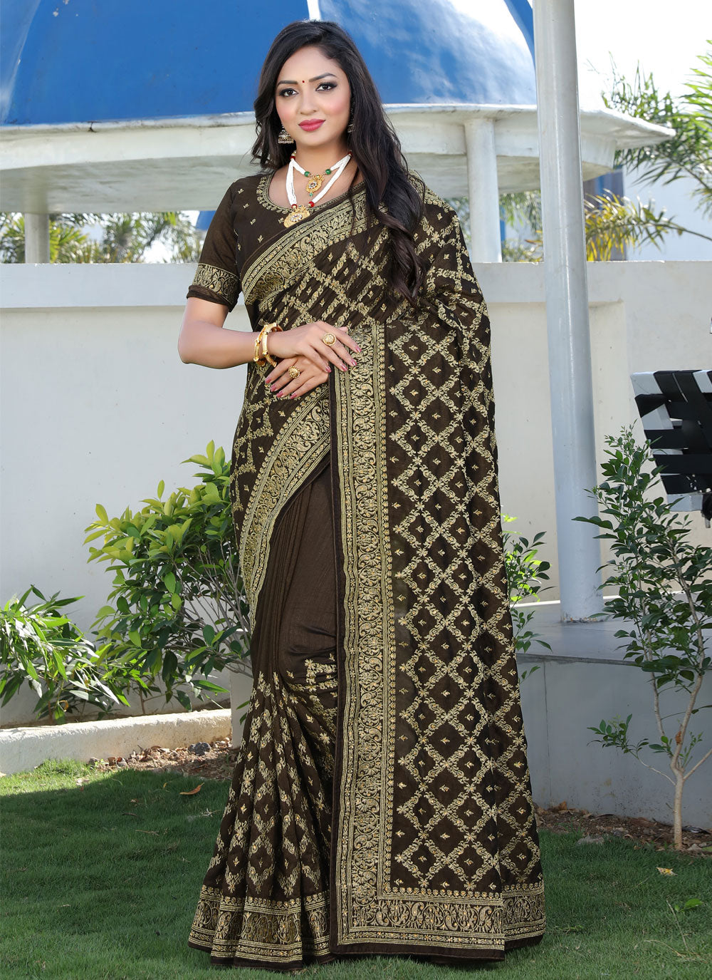 Dark Green Embroidered Traditional Saree For Festival