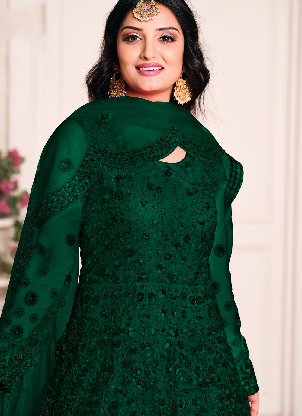 Green Net  Sangeet Floor Length Anarkali Suit