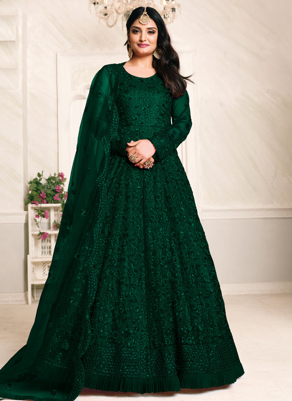 Green Net Sangeet Floor Length Anarkali Suit