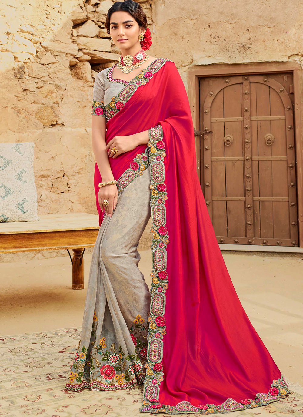 Grey and Red Color Trendy Saree