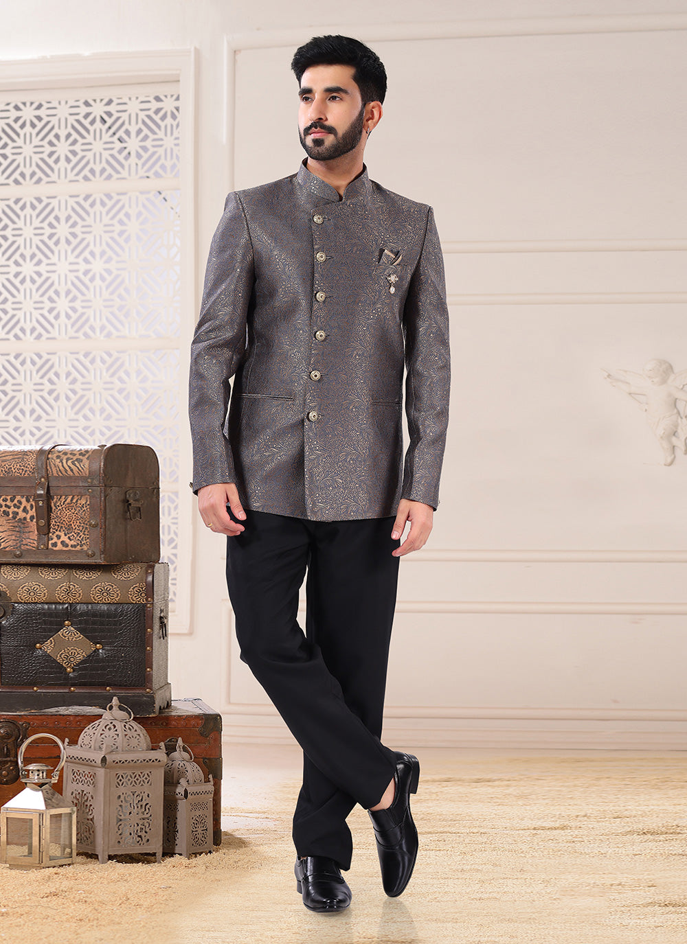 Grey Ceremonial Jacquard Jodhpuri Suit