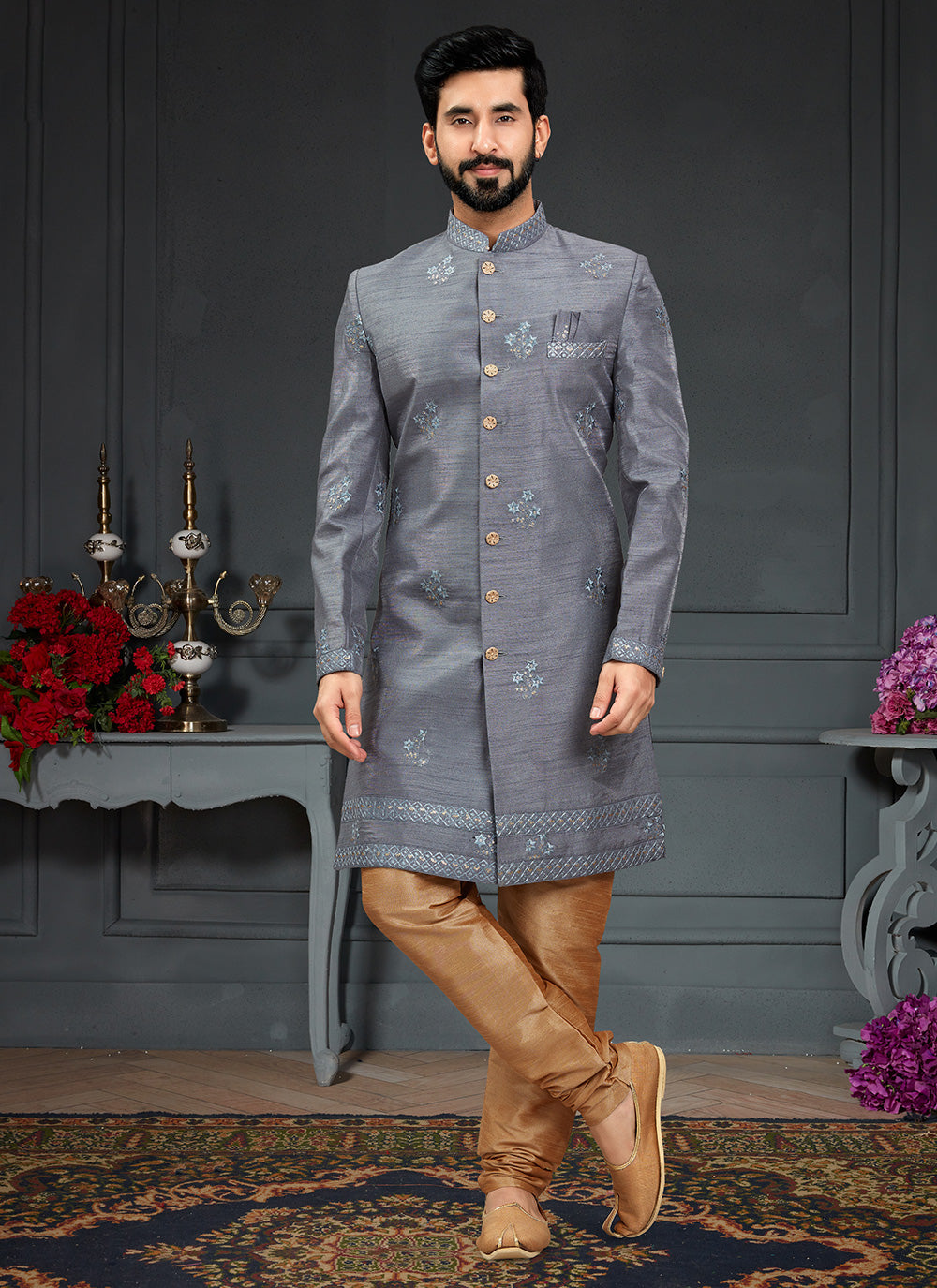 Embroidered Imported Indo Western In Grey