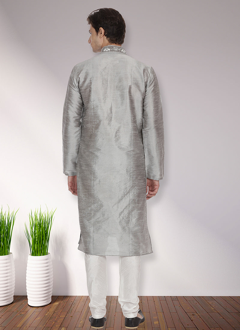 Grey Art Dupion Silk Patchwork Kurta Pyjama