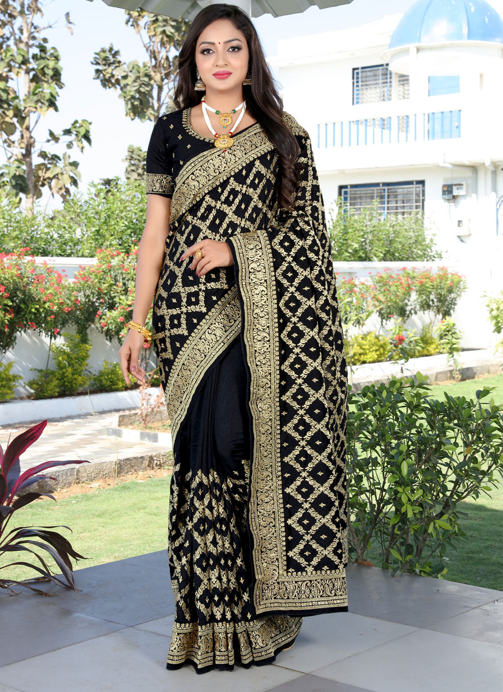 Vichitra Silk Black Embroidered Saree For Festival