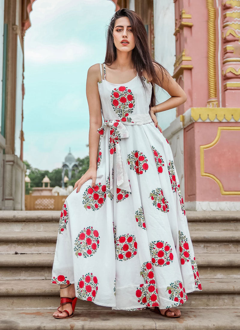 White Muslin Printed Trendy Gown
