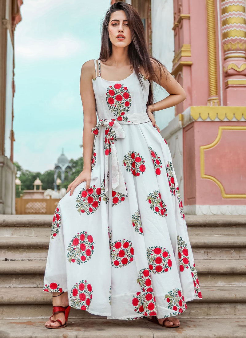 White Muslin Printed Trendy Gown