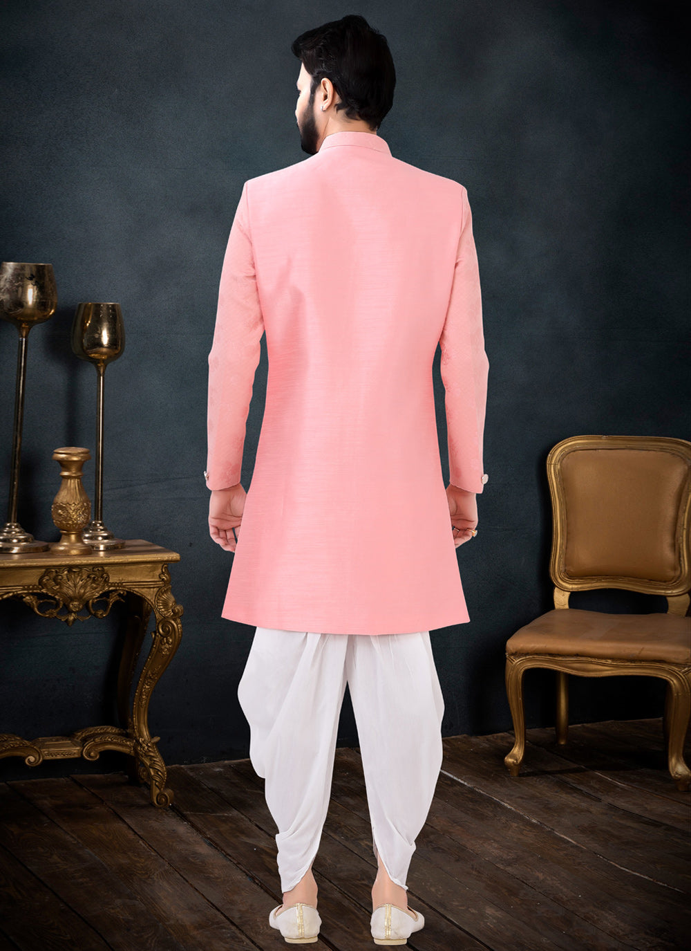 Jacquard Indo Western Sherwani In Hot Pink Color