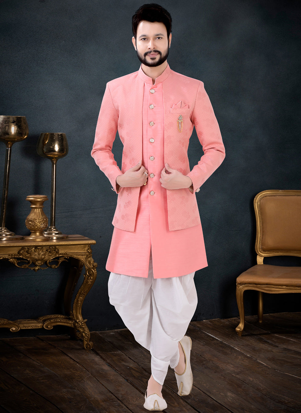 Jacquard Indo Western Sherwani In Hot Pink Color