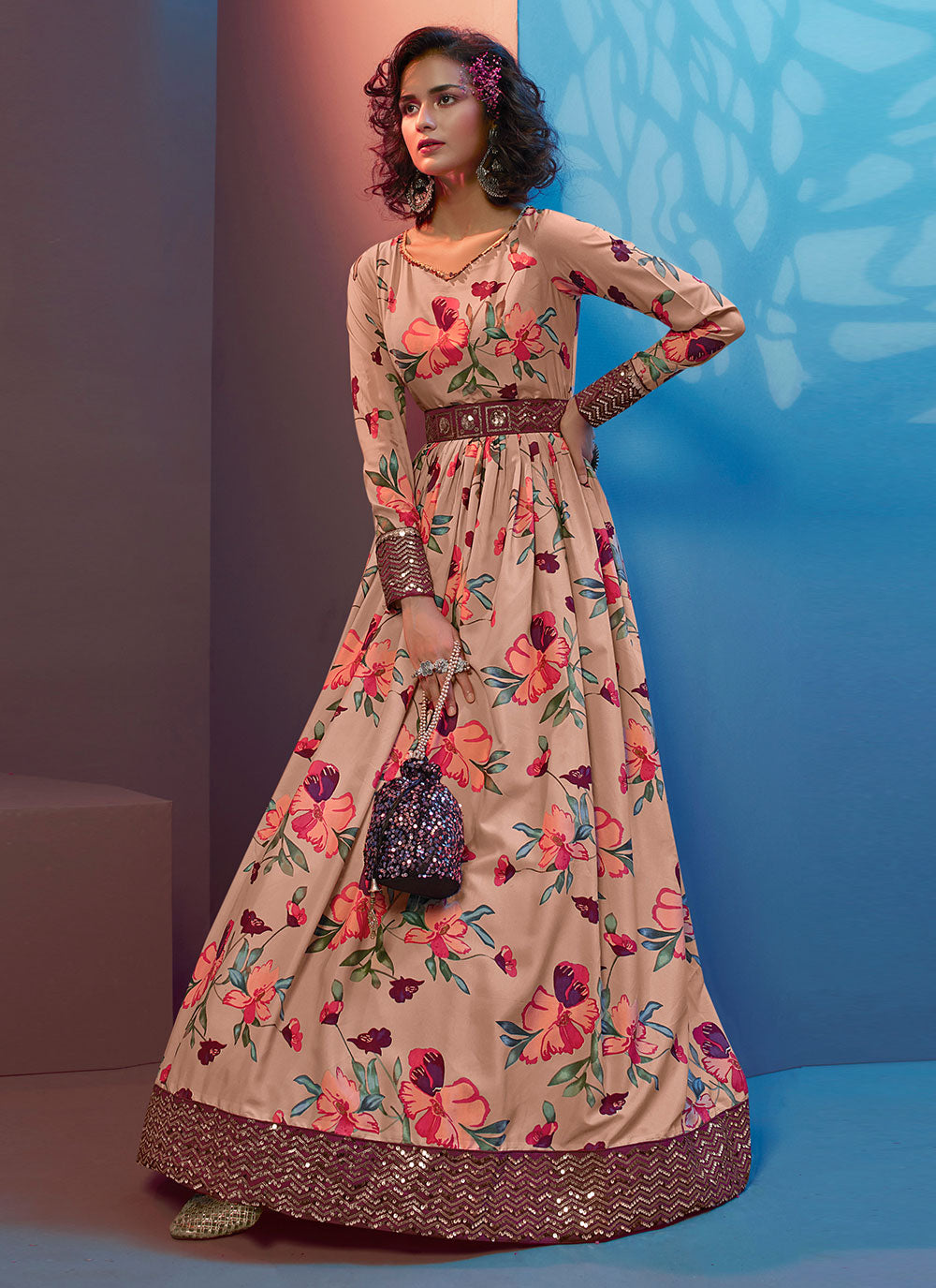 Sequins Printed Floor Length Gown In Beige Color