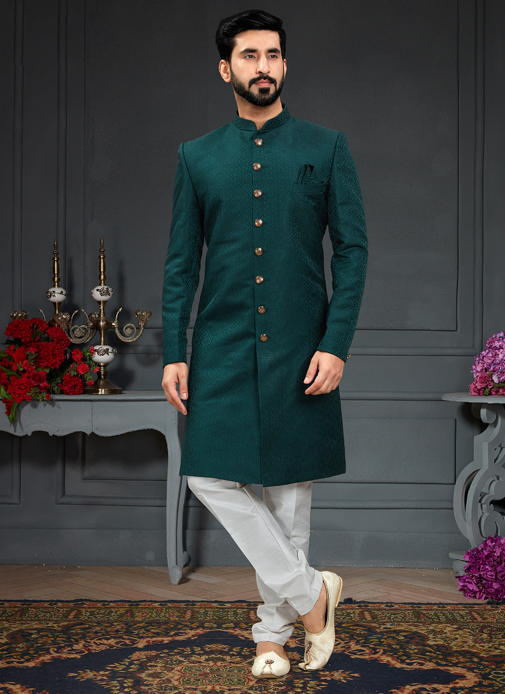Imported Embroidered Indo Western In Green