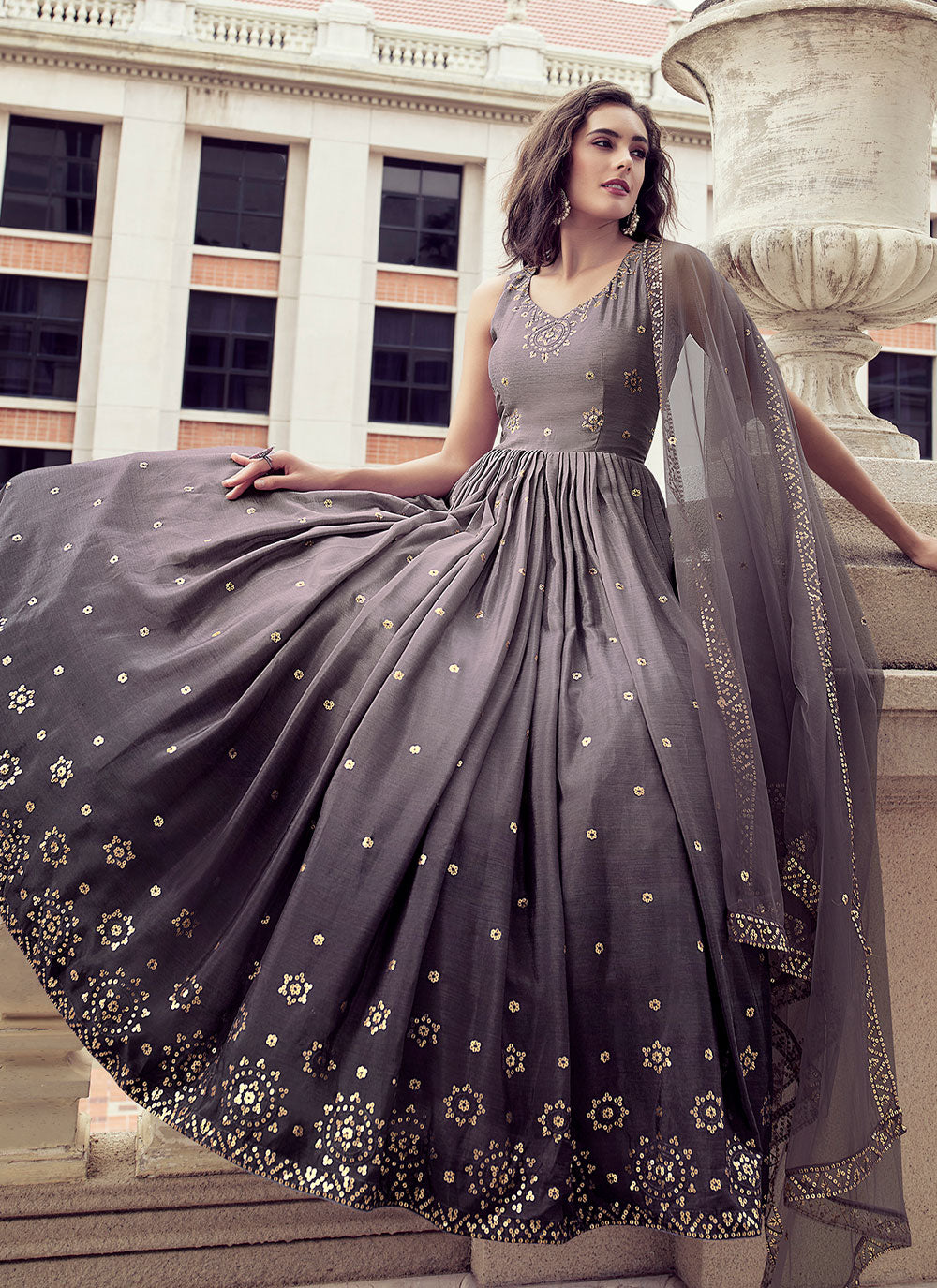 Grey Embroidered Chinon Floor Length Gown