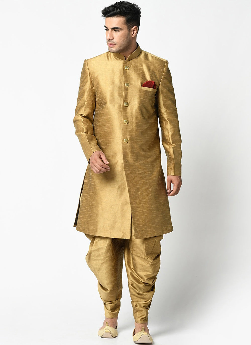Indo Western Buttons Dupion Silk in Gold