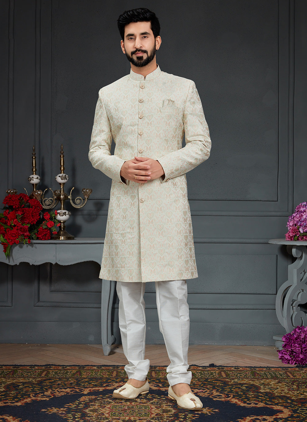 Embroidered Indo Western Jacquard In Off White Color